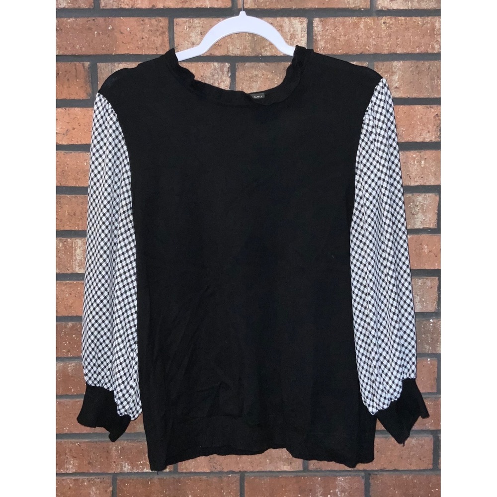 Adrianna Papell Black Gingham Balloon Sleeve Ruffle Neck Knit Sweater Top Size L